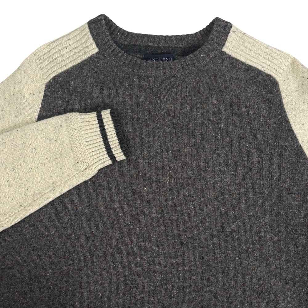 Lands End Men XL Lambswool Crewneck Donegal Sweater Grey Cream Colorblock Raglan